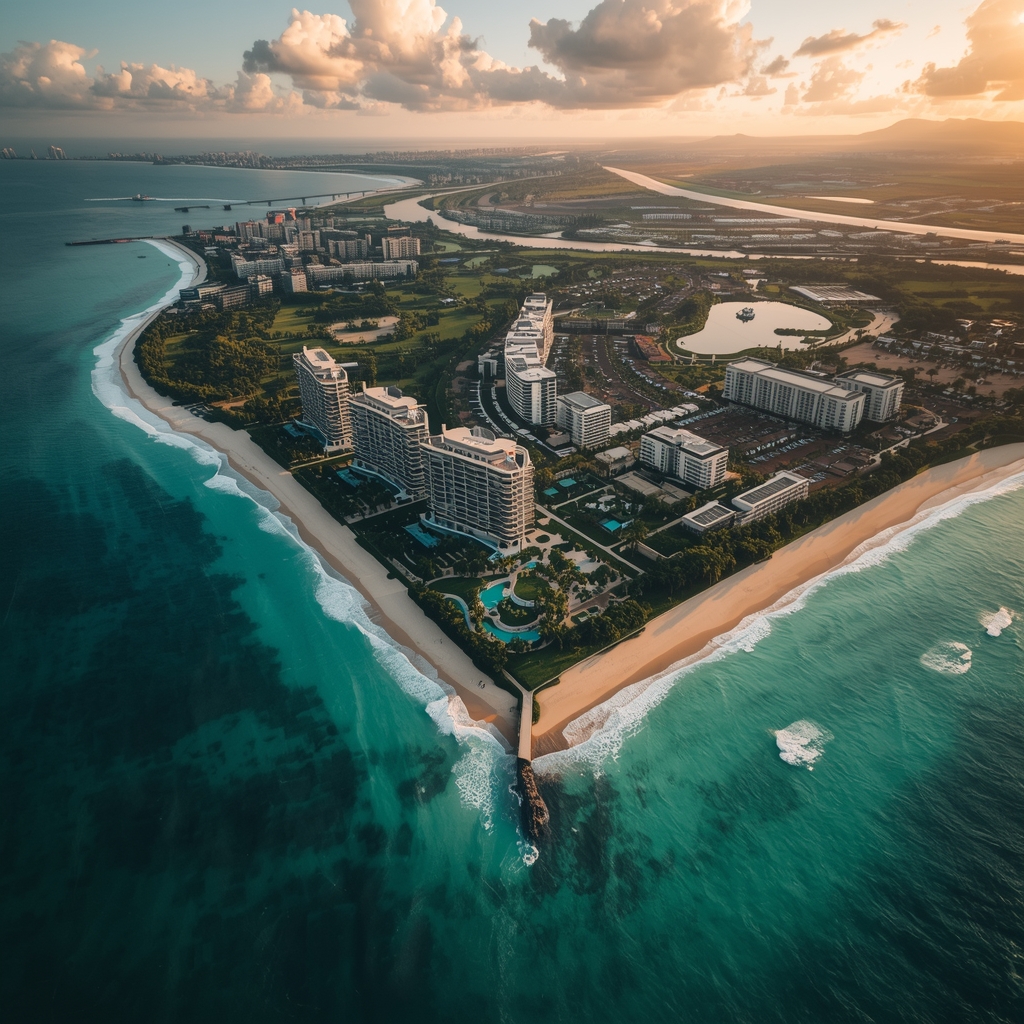 Aerial panoramic view of a stunning tropical coastal city with modern skyscrapers and pristine turquoise ocean, luxury beachfront resort destination with medical district visible, golden hour lighting, cinematic drone photography, no people visible